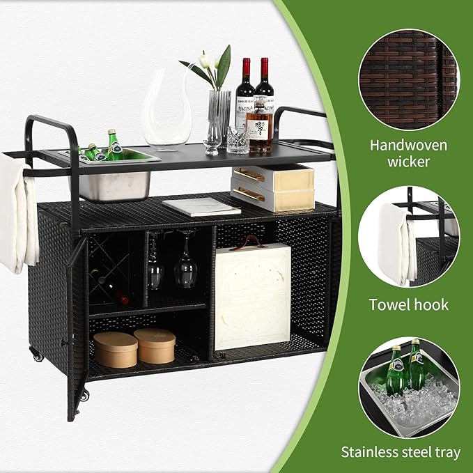 Outdoor Bar Cart with Cabinet, 51.57" Patio Serving Cart with Steel Top, Built-in Ice Bucket, Side Basket & Lockable Wheels for Garden, Backyard & Poolside, Black