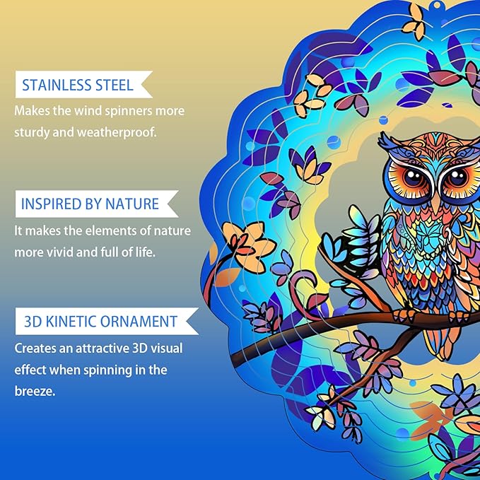 Owl Wind Spinners Outdoor - Birthday Gifts for Women Mom Grandma,12inch Metal Hanging Wind Sculptures for Outside Decor, Christmas Ornament Presents for Yard Garden Decoration