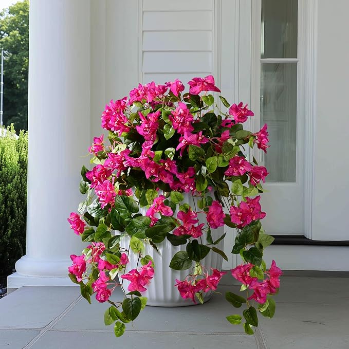 Bougainvillea Artificial Hanging Flowers for Outdoor 3 Pcs Faux Bougainvillea Flowers Fake Hanging Plants Silk Flowers Long Trailing Vines for Front Door Porch Planter Patio Balcony (Rose Red)
