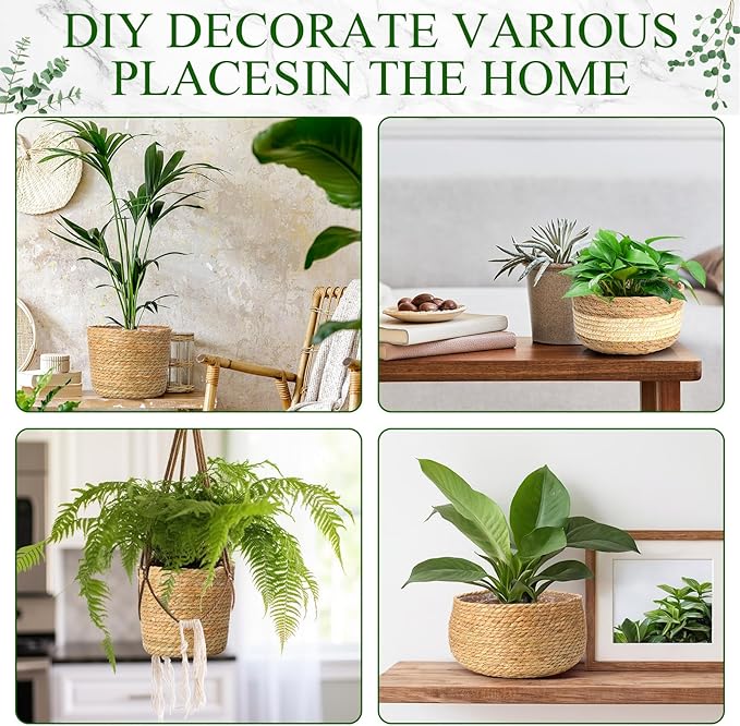 Sieral 5 Pcs Seagrass Hand Woven Planter Basket Large Plant Pots Indoor Flower Pots Cover, 12+10+8+7+6 Inch Storage Planter Containers with Plastic Liners