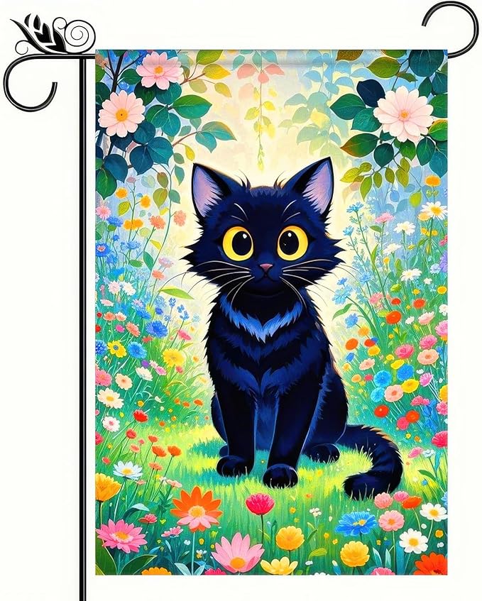 Spring Garden Flags 12x18 Double Sided Spring Garden Flags For Outside Decor Black Cat with Colorful Flowers Backdrop Seasonal Outdoor Decoration Springs Banner For Home