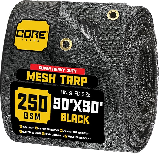 Core Tarps 60% Black Shade Cloth with Grommets - 50 X 50 FT Heavy Duty Mesh Tarp - Sun Shade Cloth for Garden Vegetables Plants Greenhouse Outdoors Backyard Fences Dump Trucks Patio Mesh Shade Tarp