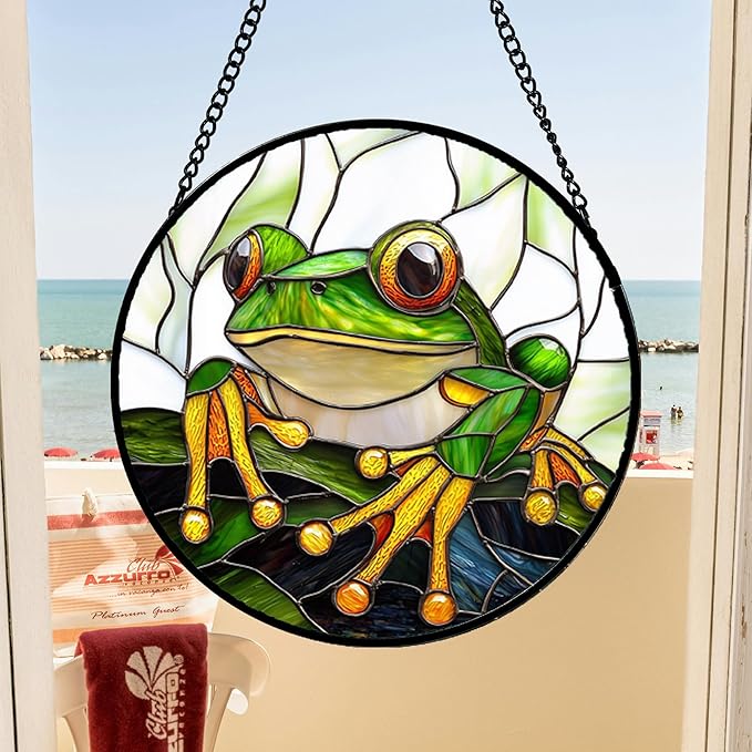 DASTOLL Stained Glass Window Hanging, Green Frog White Petals Sun Catchers Colorful Glass Panel Cute Suncatcher Decor for Birthday for Women, Men, Wife, Aunt, and Mom 14.9x14.9 in