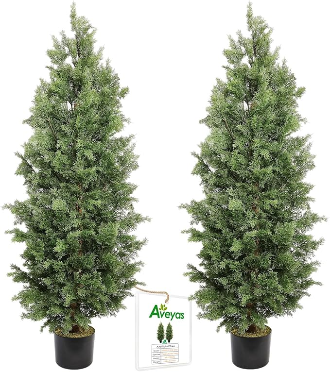 Aveyas 5ft Artificial Cedar Topiary Trees for Outdoor Front Porch Door, 5 Feet Faux Potted Plants Evergreen Fake Pine Cypress Tree for Outside Home Decor (5 ft Tall) - Set of 2 Pack