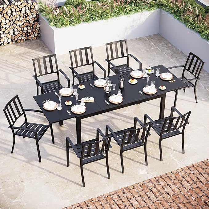 Sophia & William Patio Table and Chairs Set, Outdoor Dining Set for 8, 9 Piece Metal Patio Furniture, 99" Expandable Black Rectangular Table(Stripe)