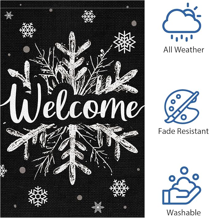 Heyfibro Christmas Garden Flag Welcome Winter Garden Flags 12x18 Inch Double Sided Burlap Snowflake Yard Flag for Winter Holiday Xmas Yard Outdoor Decoration(ONLY FLAG)