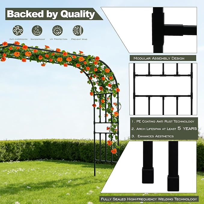 Carotex Square Tube Garden Arch Trellis, 10.5FT x 8.2FT Metal Arbor, Outdoor Trellis for Climbing Plants, Black