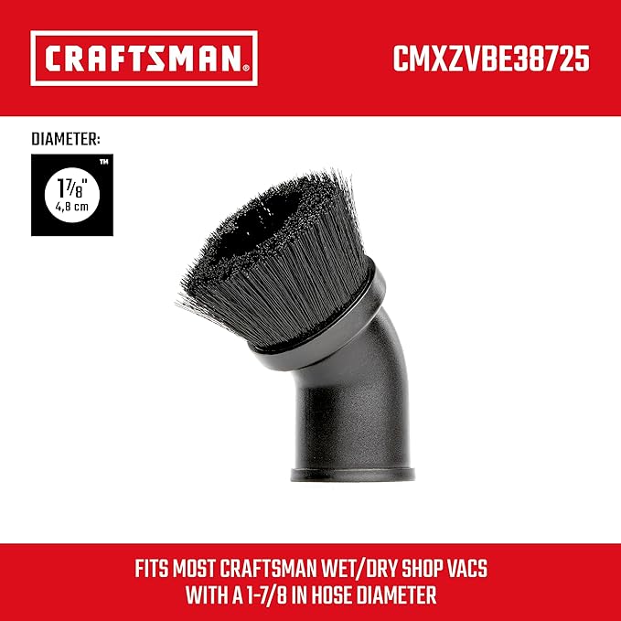 CRAFTSMAN CMXZVBE38725 1-7/8 in. Dusting Brush Wet Dry Vac Attachment, Industrial-Grade Shop Vacuum Accessory for Cleaning Stubborn Debris, Fits 1-7/8 in. Hose Diameter