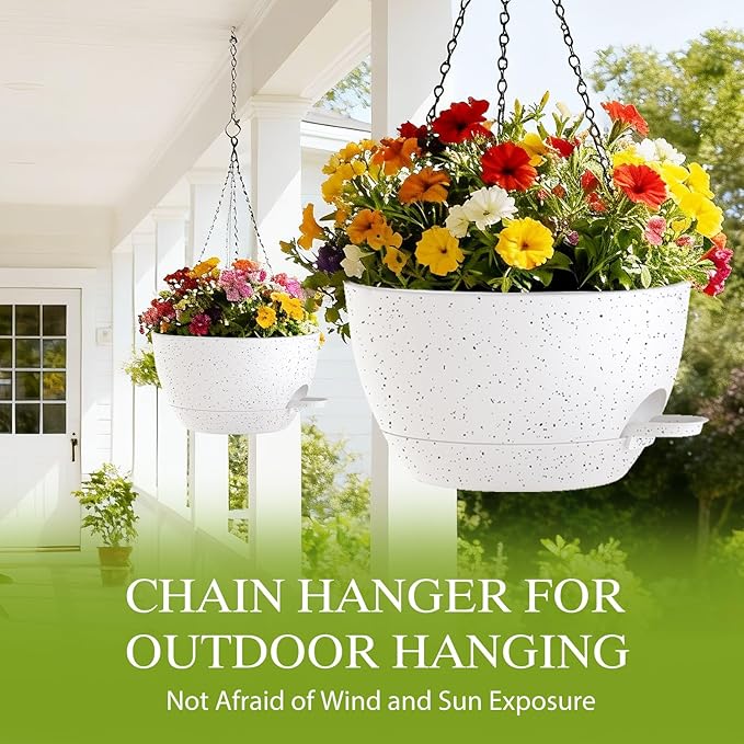 SQKH 12 Inch Hanging Baskets 2 PC with Chains, Self-Watering Hanging Planters for Indoor Outdoor Plants, Plastic Hanging Flower Pots,Speckled White