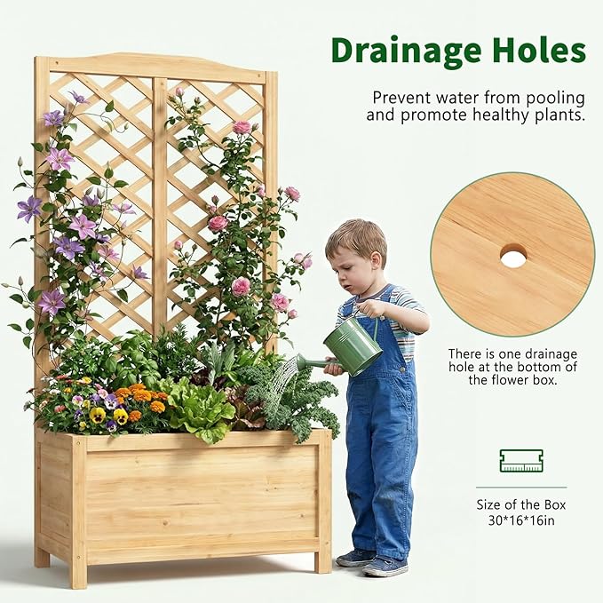 Wooden Raised Garden Bed with Trellis, Freestanding Planter Box with Drainage for Vines Climbing Plants Flowers Herbs, Elevated Gardening Planter for Backyard Balcony Patio
