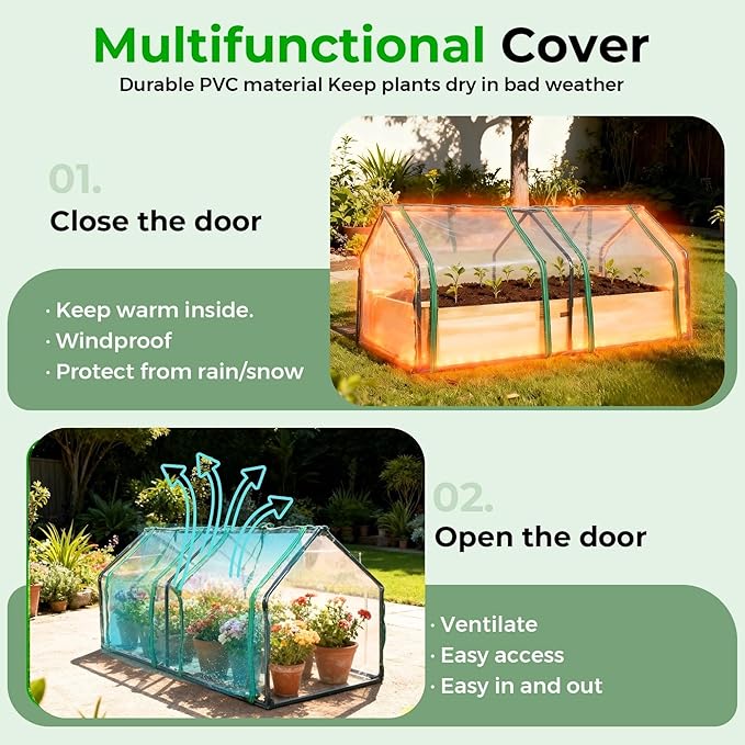 4x2ft Raised Garden Bed with Greenhouse Cover,Wooden Planter Box with Clear PVC Cover & Dual Roll-Up Windows,Outdoor Elevated Garden Box for Vegetables/Herbs/Flowers,Patio,Balcony,Backyard