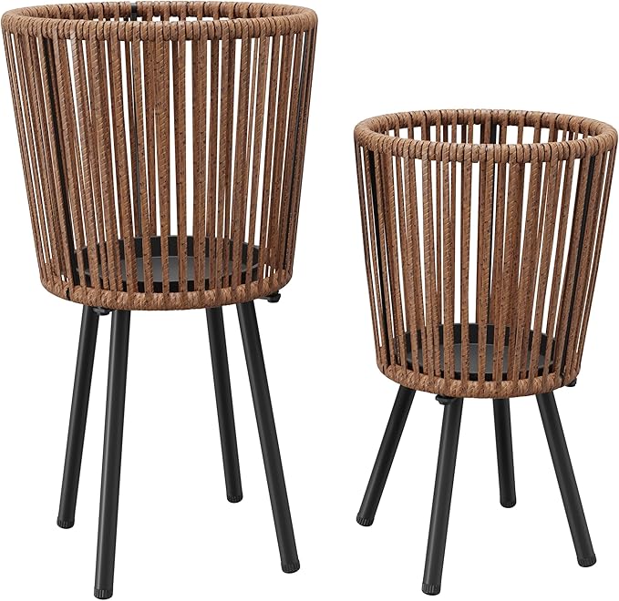 Set of 2 Rattan Plant Stand, Boho Wicker Planter Stand, Handwoven Mid Century Plant Holder for Living Room, Bedroom, Patio