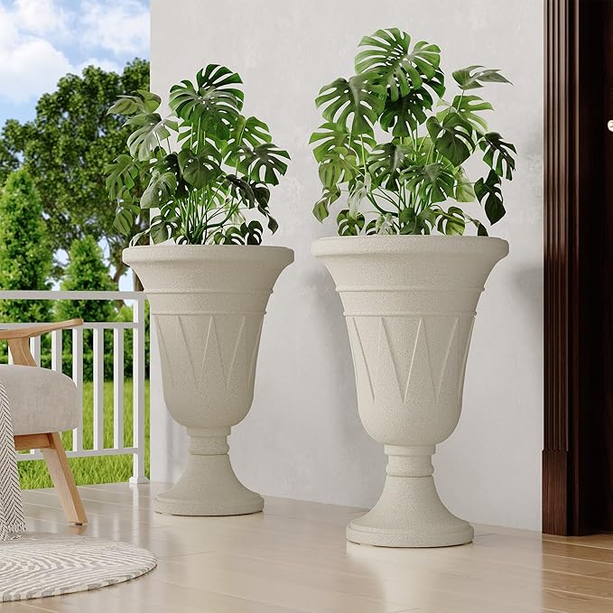 seethmi 23" Tall Planters for Outdoor Plants Set of 2, Planter with Drainage Holes and Trophy Design, Large Outdoor Planters for Porch, Garden, Beige