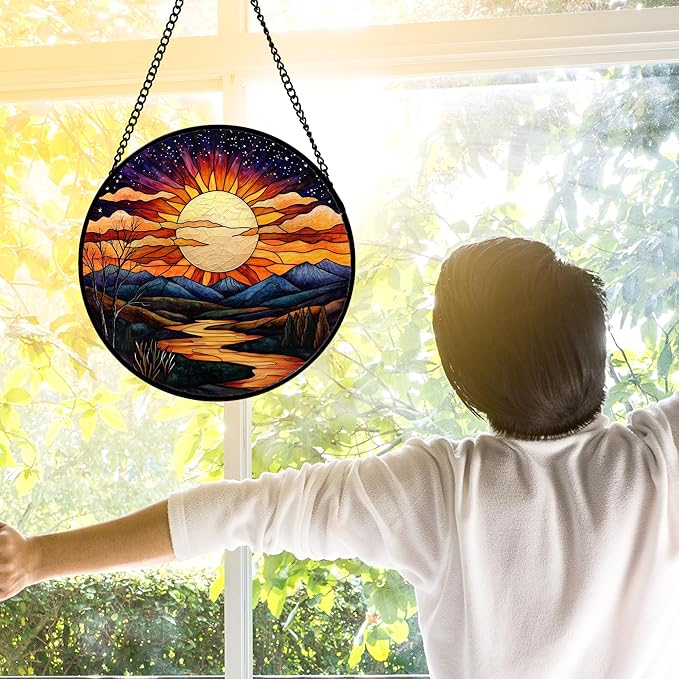 DASTOLL Stained Glass Window Hanging, The Sun Shines Brightly on Lake Sun Catchers Colorful Glass Panel Suncatcher Decor for Birthday for Women, Men, Wife, Lovers, and Mom 9.8 in