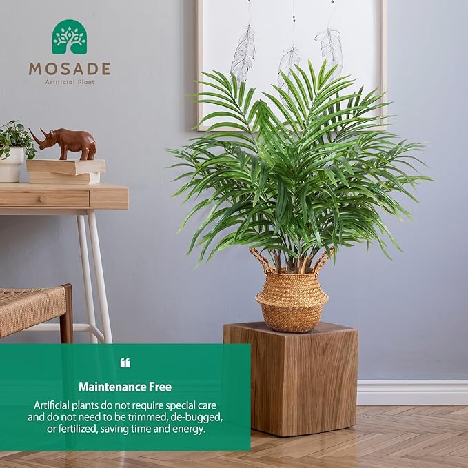 MOSADE Artificial Palm Tree 28Inch Fake Potted Areca Palm Plant with Handmade Seagrass Basket, Perfect Faux Tree Home Décor for Indoor Outdoor Office Porch Balcony Bedroom Bathroom Gift