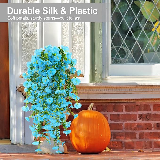 Artificial Flowers for Outdoors Decoration, 4Pcs Fake Hanging Flowers Morning Glory UV & Fading Resistant, Artificial Faux Plants Deocr for Home Porch Patio Balcony Planter Yard Garden Farmhouse