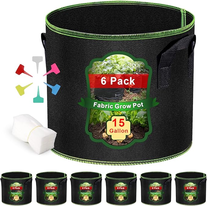 MEKOLIFE 15 Gallon Grow Bags, Garden Plant Bags with Handles, Thickened Nonwoven Fabric Aeration Planting Pots, Vegetable Gardening Fabric pots with Plant Tags & Seedling Bags(6Pack Potato Grow Bags)