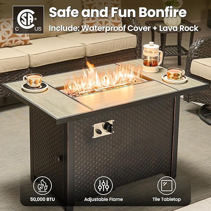 ovios 7 Pieces Patio Furniture Set, Outdoor Wicker Sofa Couch with Swivel Chairs 42" Fire Pit Table, High Back Modern All Weather Conversation Sets, Brown Rattan, Beige