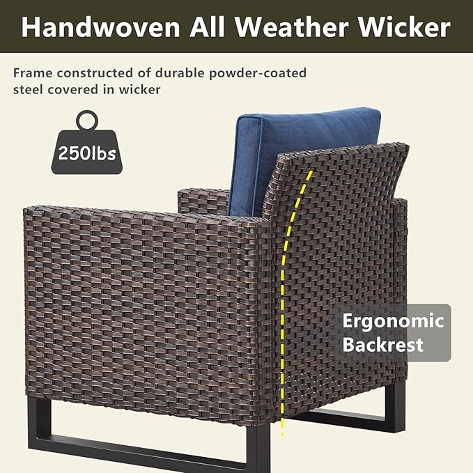 Rilyson Wicker Outdoor Patio Furniture Set - 5 Piece Patio Conversation Set with 2 Wicker Armrest Chairs,2 Rattan Ottoman and 1 Metal Side Table for Outside Porch Deck Backyard Garden(Brown/Blue)