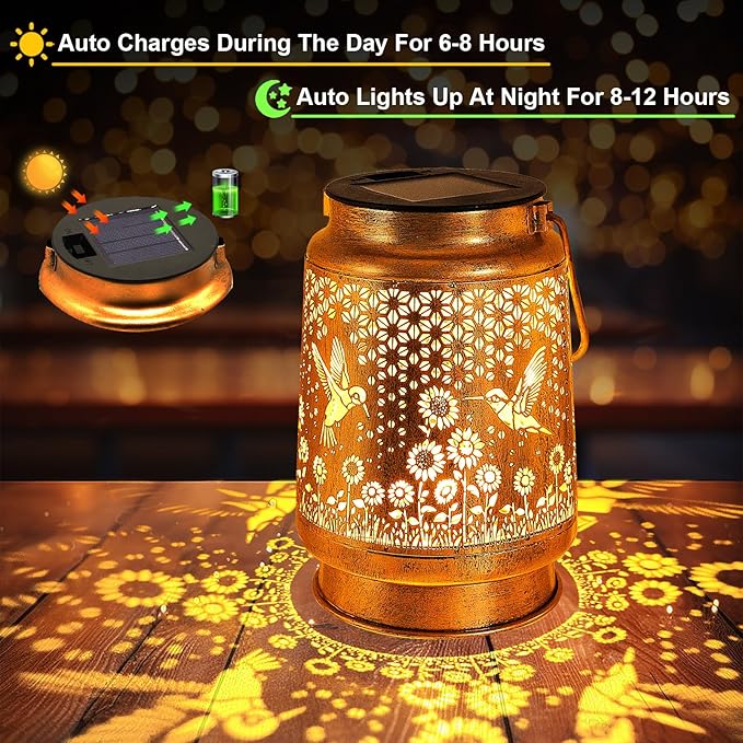 2 Pack Solar Solar Lanterns Outdoor with Shepherd Hook Waterproof Hummingbird Sunflower Garden Decor LED Hanging Light Decor for Yard, Patio, Table, Lawn, Perfect Christmas gift for Mate, Mom, Grandma