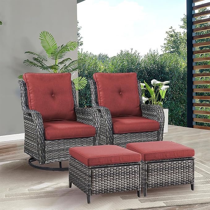Rilyson Wicker Patio Furniture Set - 4 Piece Rattan Outdoor Sectional Conversation Sets with 2 Swivel Rocking Chairs,2 Ottomans for Porch Deck Garden(Mixed Grey/Red)