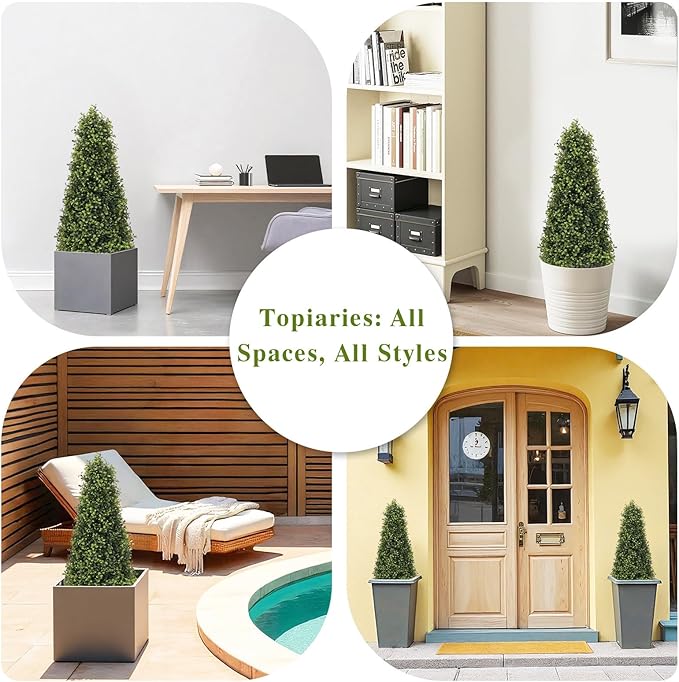 Azoco 3ft Artificial Boxwood Topiary Trees (Set of 2) - UV Resistant Faux Plants Outdoor, Realistic 36in Fake Cone Bushes and Shrubs for Front Porch, Planter, Patio - Low Maintenance & Evergreen