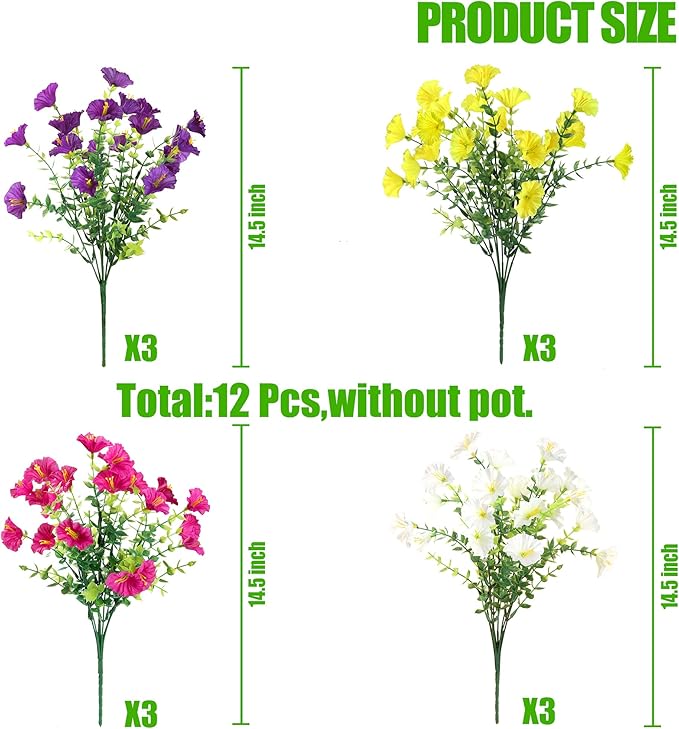 Artificial Flowers for Outdoors 12 Bundles Realistic Faux Plants UV Resistant Fake Silk Morning Glory with Eucalyptus for Front Door Planter Patio Porch Spring Summer Decoration (4 Mixed Color)