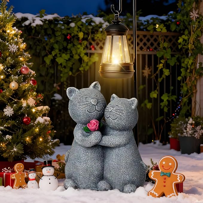 Outdoor Cat Garden Statues with Solar Lantern, Solar Lantern Cat Figurines Decor for Yard, Lawn, Porch & Patio, Unique Housewarming/Birthday Gifts for Women