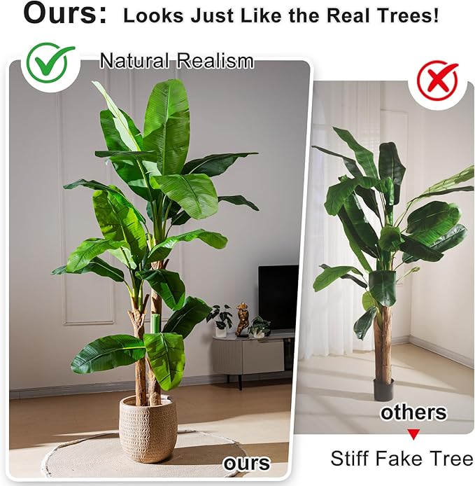 Artificial Banana Tree 6ft, Faux Tropical Palm Tree Plant with Realistic Leaves, Low Maintenance Indoor Outdoor Decor for Home Office Porch, in Nursery Pot