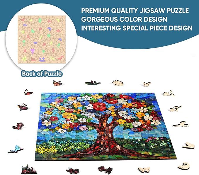 Delobil Puzzles for Adults 500 Pieces, Flower Tree Jigsaw Puzzles, Unique Shaped Stained Glass Wooden Puzzles for Adults and Kids, Plant Art Birthday Gifts Family Game, 15.9 x 15.9 Inches