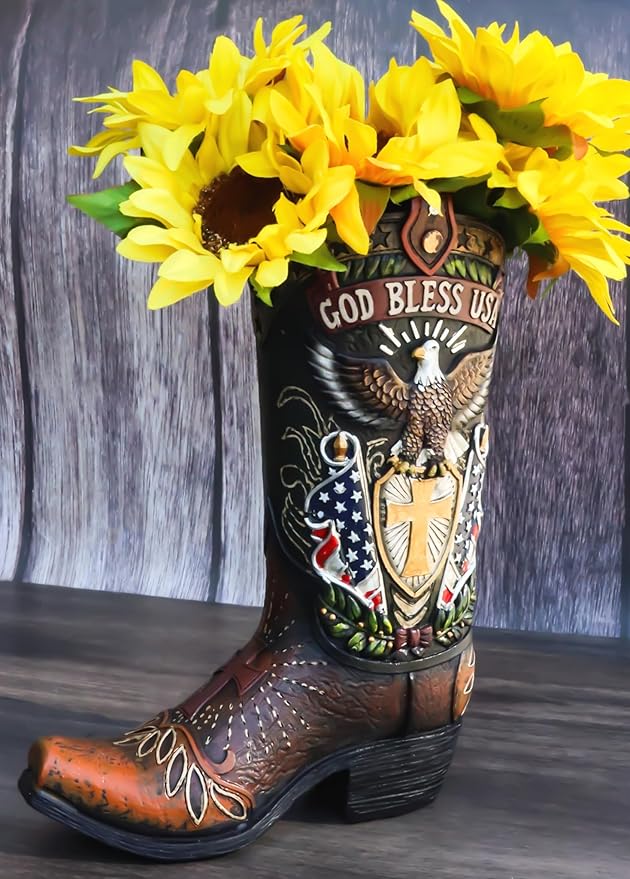 Ebros Gift Rustic Western Country USA American Flag God Bless USA Eagle Seal Crest Cowboy Boot Decorative Flower Bouquet Vase Or Planter Figurine 10" High