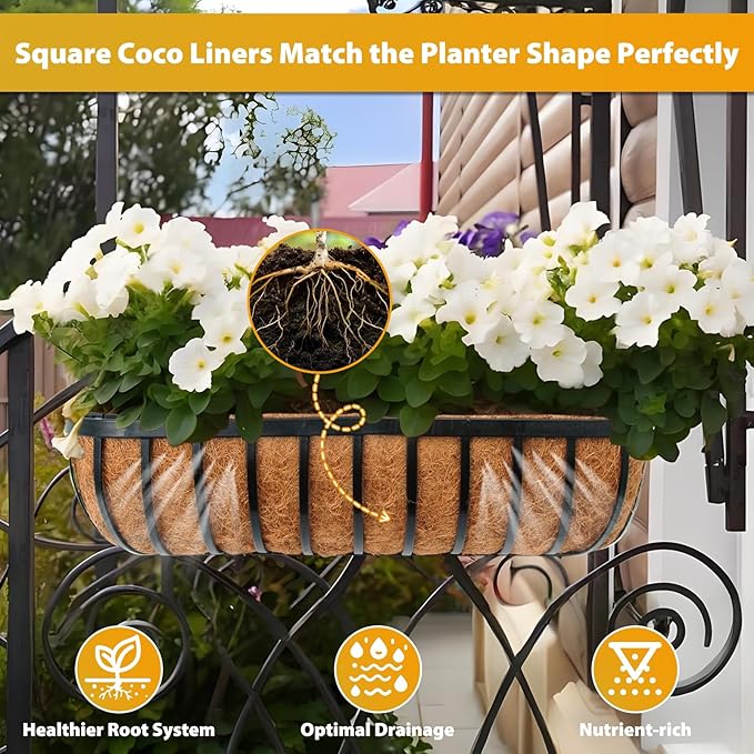 Legigo 2 Pack 24 Inch Square Coco Liners Planter Baskets Liner- Natural Coconut Coir Fiber Liner Replacement, Window Box Liners Trough Coconut Liners for Wall Planter Garden Deck Fence Flower Baskets