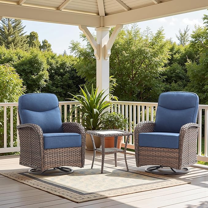 Luxury 6-Inch Cushion Outdoor Swivel Rocker Patio Chairs with Side Table, High Back Wicker Patio Furniture Set for Deck Porch Garden Balcony and Poolside Blue Cushion