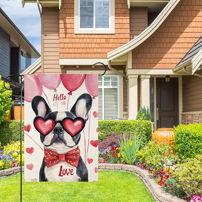 Valentine's Day Bulldog Hello Love Garden Flag, House Yard Plaid Love Heart Outside Decoration, Spring Holiday Wedding Anniversary Outdoor Small Decor 12x18(12637)