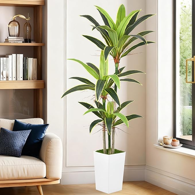 Aritificial Dracaena Tree 6FT Faux Floor Plant in Tall White Pot with Realistic Trunks and 46 Leaves Fake Tropical Yucca Plant for Home Office Decor Indoor Housewarming