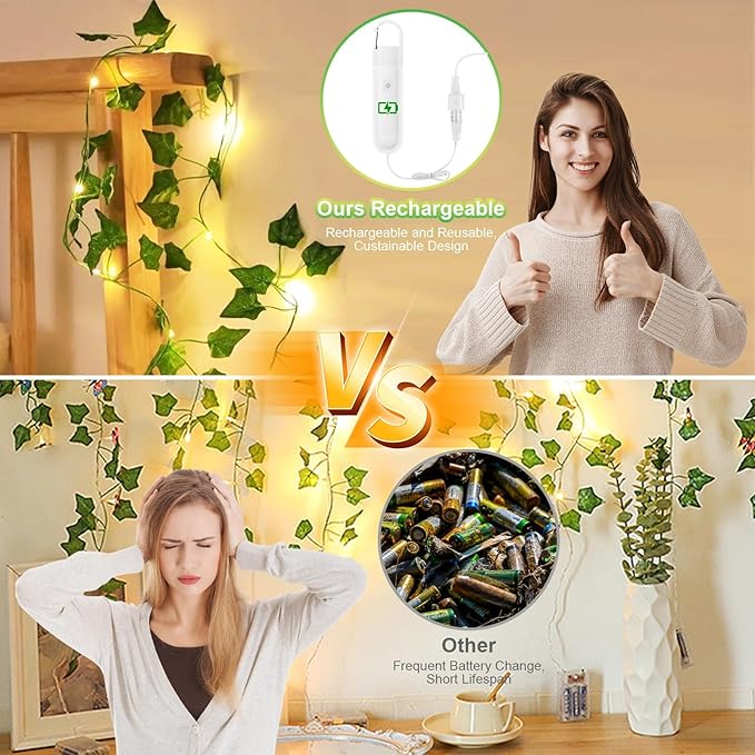 Vine with Fairy Lights Rechargeable, 6.56ft Ivy Leaf with 20 LED, 8 Mode and Timer USB Removable Battery Compartment Twinkle String Light for Indoor/Outdoor, Wedding Party Room Wall Decor, Warm White