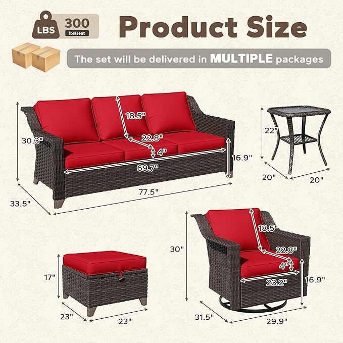 11 Pieces Patio Conversation Furniture Set - 1 Sofa, 4 Ottomans, 4 Swivel Chairs, 2 Side Tables, Outdoor Wicker Furniture with Removable Cushions for Porch, Balcony, Sunroom (Red)