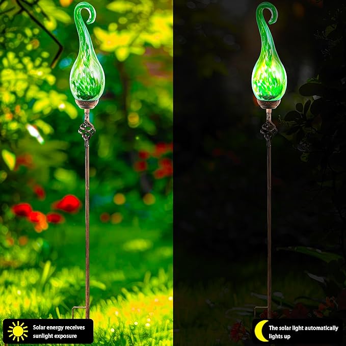 Naboher Garden Solar Lights Outdoor, Decorative LED Pearlized Glass Spiral Garden Stake with Finial, Hand Blown Glass and Metal Outdoor Decoration, 3 x 36 Inch (Green)