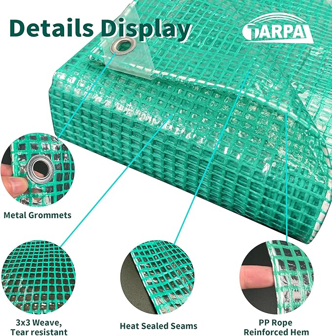 TARPAL 7'x12' Clear Green Tarp Heavy Duty Waterproof 12mil with Grommets or Zip Ties for Small Greenhouse for Outdoors Garden,Farm,Chicken Coops
