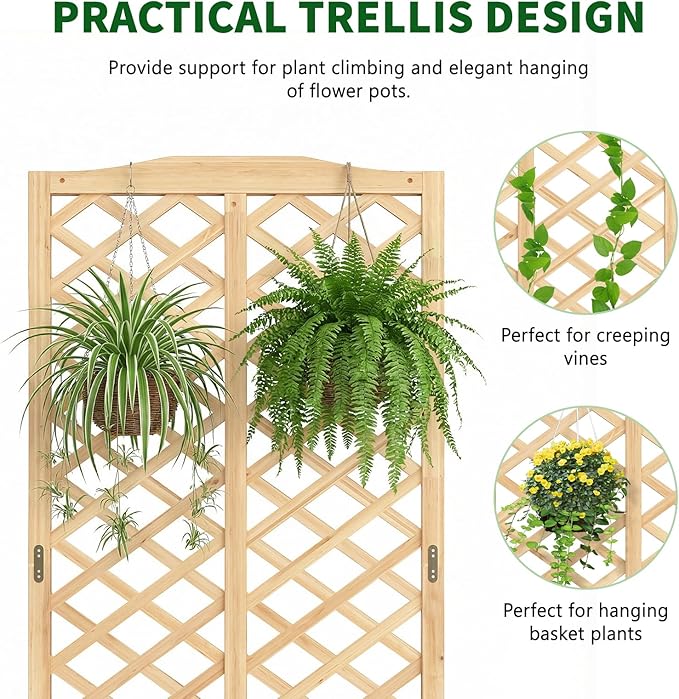 Wooden Raised Garden Bed with Trellis, Freestanding Planter Box with Drainage for Vines Climbing Plants Flowers Herbs, Elevated Gardening Planter for Backyard Balcony Patio