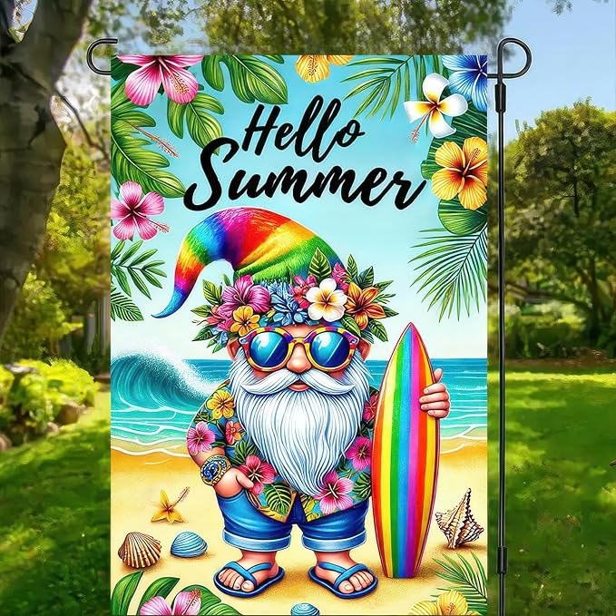 Hello Summer Garden Flag Beach Gnome Flag 12x18 Inch Double Sided Welcome Summer Holiday Yard Flag Outside Decoration Farmhouse Outdoor Small Decor
