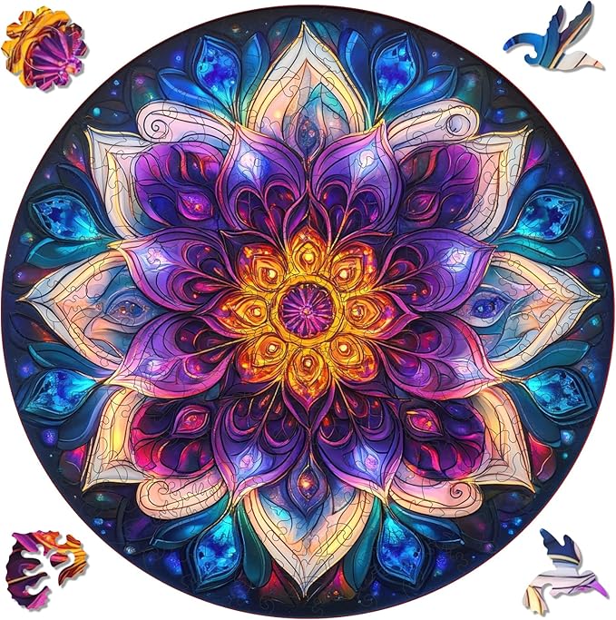 Delobil Jigsaw Puzzles for Adults, Colorful Mandala Flower Wooden Puzzles 200 Pieces, Geometric Art Blue Round Jigsaw Puzzles for Adults and Kids, Family Puzzle Games Gift 11.2 * 11.2