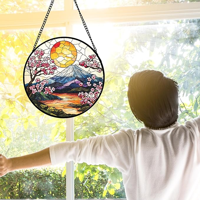 DASTOLL Stained Glass Window Hanging, Sun Blooming Cherry Blossoms Suncatcher Diamond Glass Panel Sun Catchers Decor for Birthday for Women, Men, Wife, Aunt, and Mom 9.8 in
