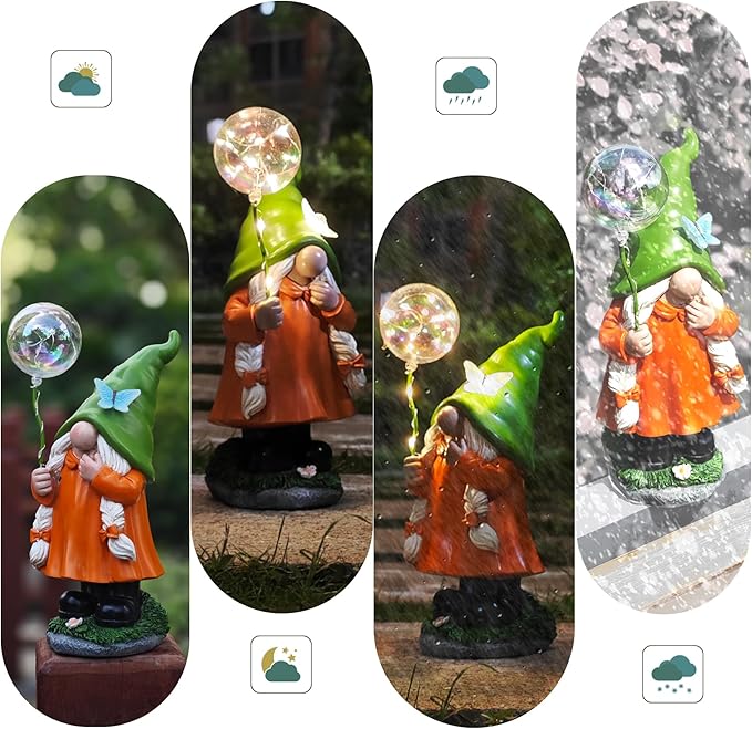 Solar Garden Female Gnome Statue, Detachable Outdoor Garden Decorative Stakes, Resin Statue with Light-Up Butterfly & Bubble Wand, Upgraded 8-10H Lighting, for Yard, Lawn, Flower Bed & Pathway, 10.63"