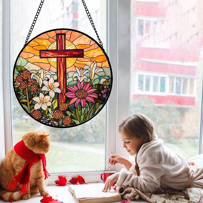 JOSUMALY Christian Gifts for Women - Cross Stained Glass Window Hanging Easter Flower Sunset Landscape Sun Catcher Garden Religion Decor Mother's Day Catholic Gift for Men Grandma Mom Her Nana 15"