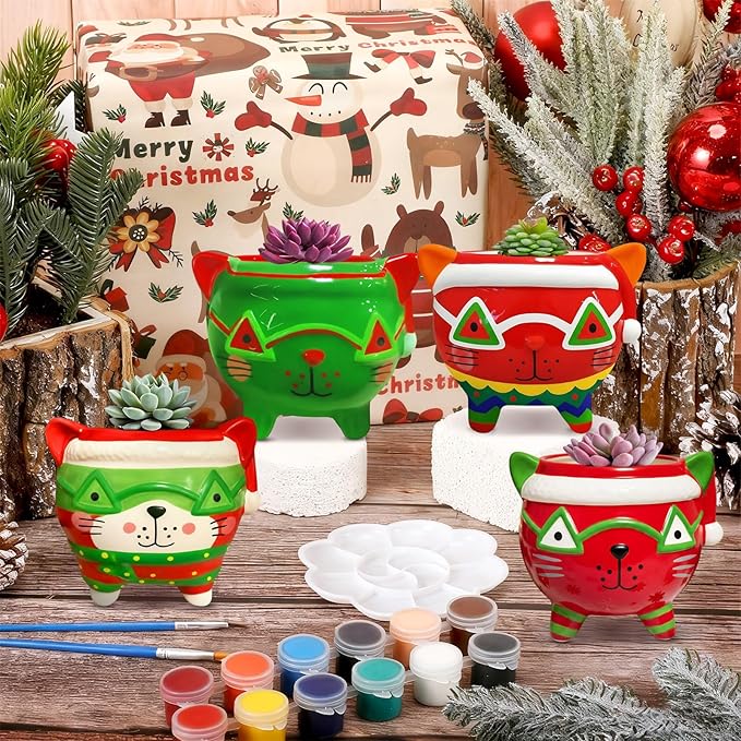 Pasimy 6 Set Ceramics to Paint DIY Ceramic Succulent Planter Pots Paint Your Own Flower Pots Craft Kit Unpainted Bisque Flowerpot with Brush Palette for Family Activity Holiday Gifts(Christmas Cat)