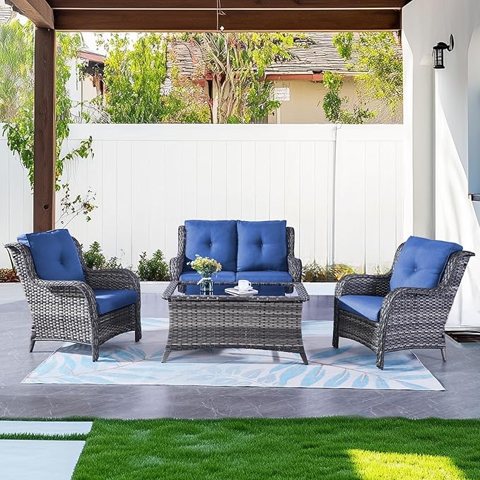 Belord Wicker Furniture 4 Pieces Outdoor Patio Furniture Set Patio Loveseat Sofa Set with Wicker Chairs and Coffee Table, Paito Conversation Set for Porch Garden Deck Balcony Poolside