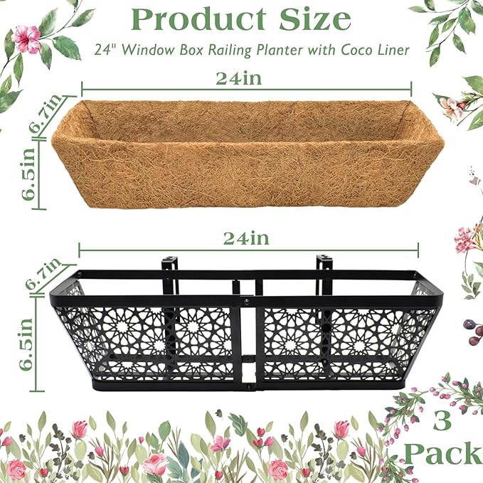 ZeeDix 24 Inch Metal Window Box for Railings, 2 Pack Over Railing Planter Boxes with Coco Liners, Hanging Flower Box Planters for Outdoor Fence Deck Porch Balcony & Patio