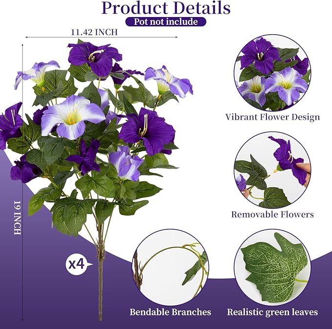 Brlita 19 Inch Artificial Flowers for Outdoor Indoor Garden Home Decoration,Faux Flower for Home Office Garden Patio Balcony 4 Bundles (Double Purple)
