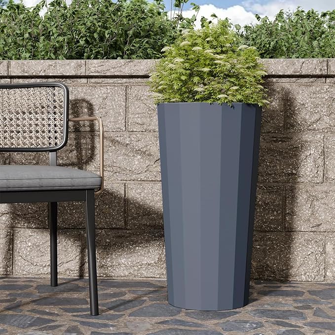 Diyfire 2PCS Tall Planters for Outdoor Plants, 23.6 Inches Large Outdoor Conical Flower Pots for Porch with Drainage Holes and Drainage Baffle, Tapered Large Planters for Garden, Balcony Use, Grey